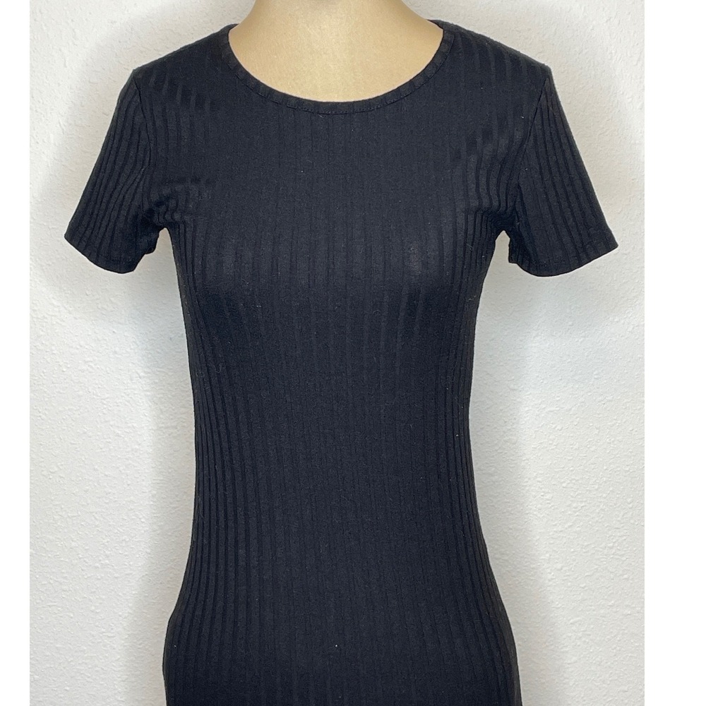 Womens Black Bodycon Dress Ribbed Knit Short Sleeve Small